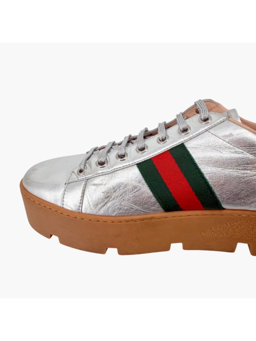 Gucci Ace Bee Silver Leather Platform Low Top Sneakers Shoes Size 41 US 11 Women - Picture 10 of 15